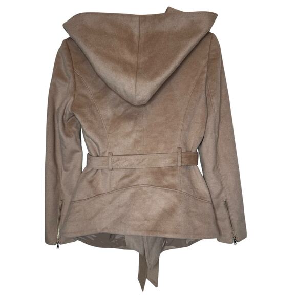 bebe Wool Blend Hooded Shawl Jacket Beige Coat Asymmetrical size Medium - Picture 4 of 6
